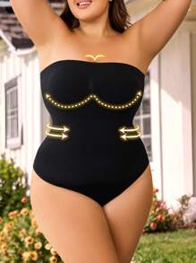 Cravure 1pc Plus Size Women Seamless Waist Cincher & Tummy Control Bodysuit - Black - View 8