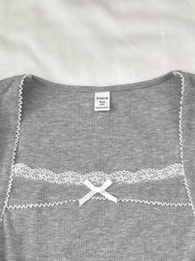 SHEIN Teen Girls Soft Gray Sweet Vintage Style Cute Lace Ruffle Bow Short Sleeve Ribbed Stretchy T-Shirt, For Lounging & Casual Wear, Spring/Summer