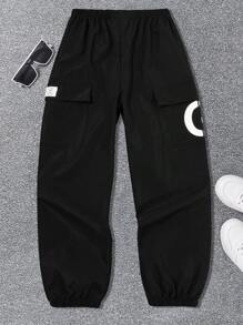 SHEIN 男童休闲口袋字母印花长裤户外卷边工装裤 - 黑色 - 查看 6