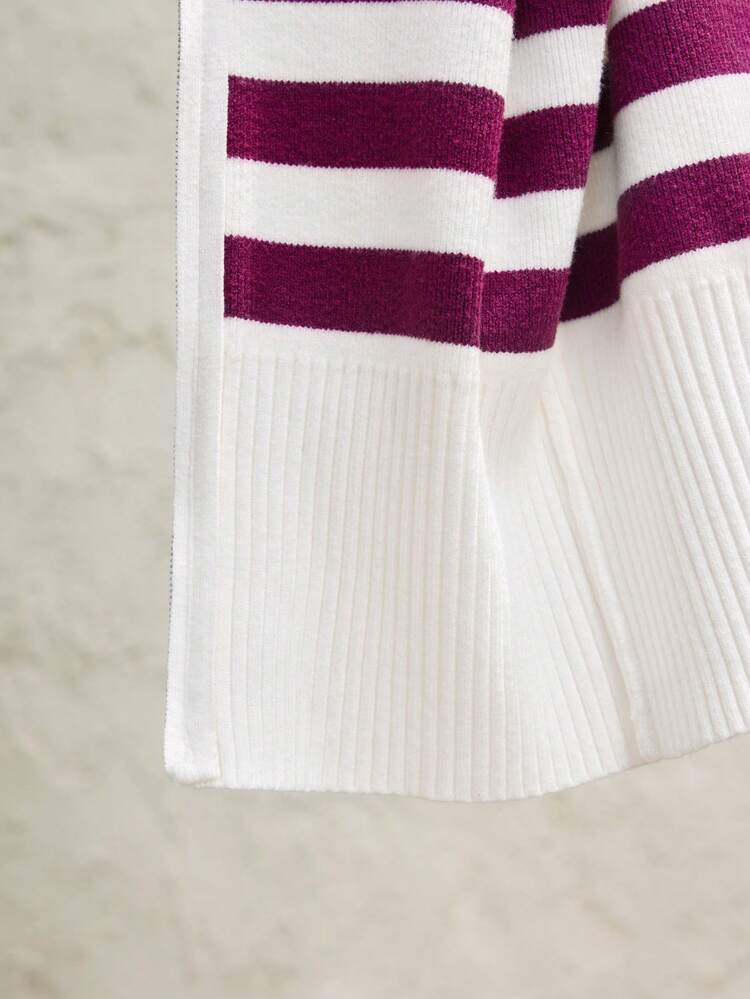 SHEIN Maija Women's Burgundy And White Striped Zip Up Long Sleeve Nautical Sweater Cardigan, Autumn/Winter Festival