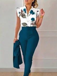 SHEIN PETITE 2pcs/Set Women's Casual Digital Print Ruffled Design Set