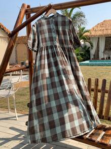 FRIFUL Vestido midi de mujer de manga abullonada larga a cuadros, estilo rural, primavera/verano - Multicolor - Ver 3