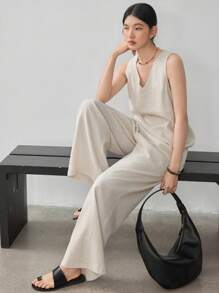 Dazy-Less 两件套女士休闲商务亚麻宽松简约V领套装，复古富贵风格家居服套装，女士短款套装 - 米色 - 查看 2