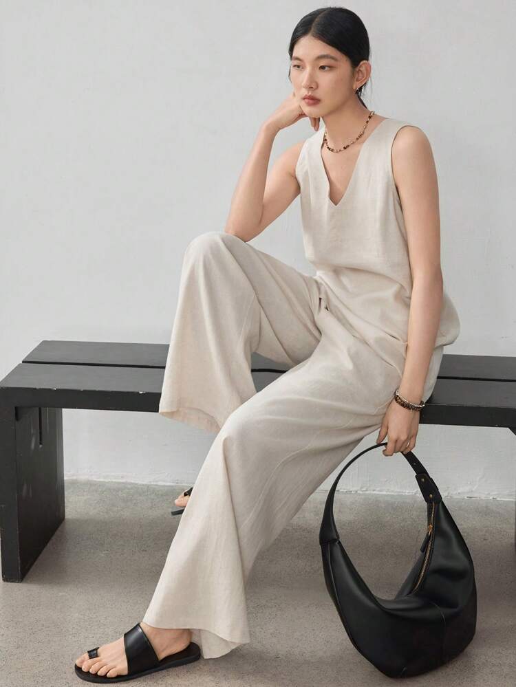 2 Pieces Women Casual And Business Linen Loose Simple V-Neck Set Old Money Style