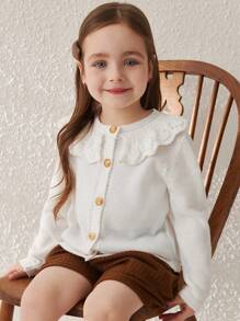 SHEIN Young Girls Elegant Ruffled Collar Knit Cardigan, Spring/Summer - White - View 6