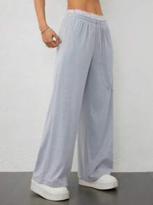 SHEIN PETITE Pantalones largos informales con cintura con cordón, parche de encaje y contraste de color