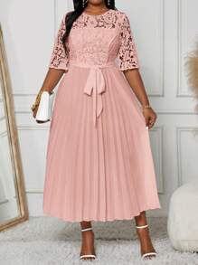 Fleurora Plus Size Holiday Casual Solid Color Lace Splice Empire Waist Pleated Hem Summer Dress Fall Women Clothes Fall Women Dresses