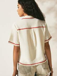 Easelle Apricot Woven Women's Cherry Pattern Single-Breasted Short Sleeve Blouse - Apricot - View 2