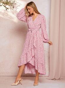 SHEIN Clasi Women Daisy Print Tie Waist Long Sleeve Dress With Ruffle Hem, Elegant Casual Dress For Daily Wear - Multicolor - View 4