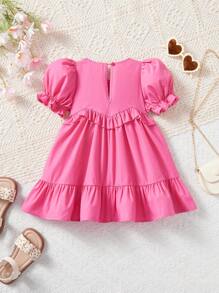 SHEIN 女婴可爱荷叶边短袖休闲粉色连衣裙 - 玫紅色 - 查看 2