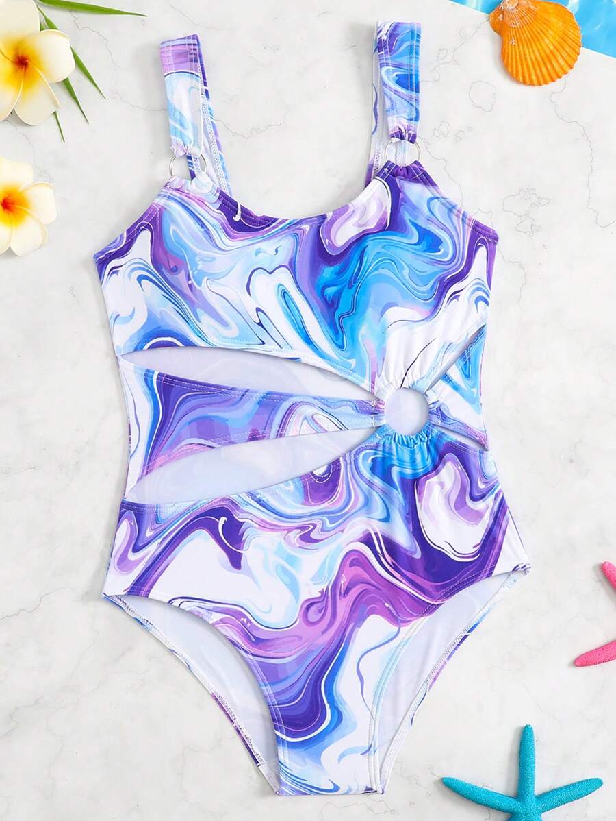 SHEIN Tween Girl Marble Print Cutout Sleeveless Swimsuit, Random Print - Multicolor - View 1