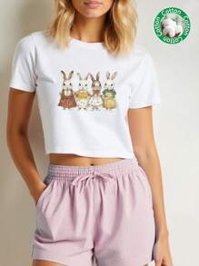 Tseoso 休闲简约水彩兔子印花圆领短袖修身短款女式 T 恤，适合夏季，含棉 - 白色 - 查看 3