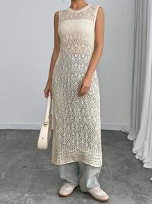 Chiquease Women's Crochet Knit Dress, Sleeveless Sheer Cover Up Dress, Beach Dress, Summer Dress - Beige - View 6