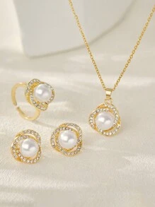 4 pièces/set Collier, bague et boucles d'oreilles en faux perles de style français élégant et léger. Idéal pour un port quotidien, cadeau parfait pour la Saint-Valentin, Noël et l'hiver - Blanc - Voir 3