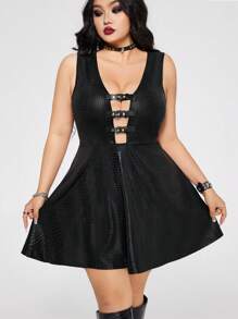 SHEIN ICON 加大码黑色蛇皮纹理深 V 领收腰 A 字形连衣裙性感 Y2K 露背迷你连衣裙朋克哥特 PU 皮革连衣裙