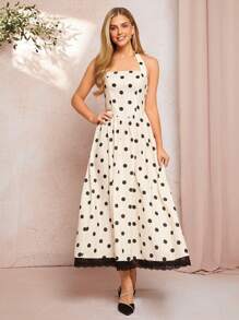 SHEIN Clasi Women's Elegant Halter Neck Apricot Base Black Polka Dot Dress For Spring & Summer Vacation Beach Outfits For Woman Western Wear Women Summer Dress  Western Wear Women Boho Festival  Bohemian Vacation Dress