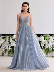 MOTF Soiréza 优雅细肩带水钻细节褶饰正式宴会礼服晚礼服 - 藍色 - 查看 3