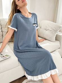Contrast Color Ruffle Trim Casual Round Neck Textured Short Sleeve T-Shirt Nightgown - Dusty Blue - View 1