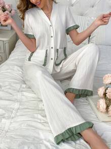Contrast Color Textured Knit Top And Lounge Pants Sleepwear Set