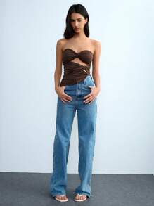 Lumivelle Figurbetontes ärmelloses Crop Top in Unifarbe mit verdrehter, gefalteter, ausgeschnittener asymmetrischer Abzugskante, sexy, elegant, glamourös, Y2K, minimalistisch, lässig für Damen, Frühling/Sommer