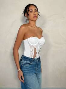 SHEIN BAE Conjunto de primavera elegante para fiesta de jardín de mujer: Camisola con bustier con escote corazón, adornada con paneles de encaje blanco y tirantes desmontables, adecuado para citas, almuerzos con amigos, salidas a principios de primavera y eventos sociales