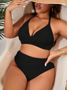 Swim Basics Costume da bagno a due pezzi da donna taglie forti, colore tinta unita, con collo a canottiera, set minimalista alla moda, ideale per la spiaggia e le vacanze estive