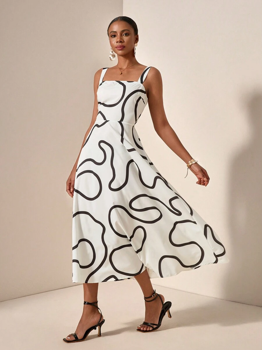 Zivah 休闲宽松衬衫设计感白色抽象条纹细肩带宽松腰部 A 字印花女装连衣裙 - A - 白色 - 查看 1