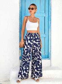 Vivid Eden 女式弹性腰部休闲印花宽松阔腿裤度假 - 藍白色 - 查看 7