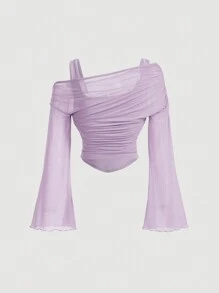 SHEIN MOD Lilac Off-Shoulder Mesh 2in1 Trumpet Sleeve Long Sleeve Women's Top,Western,Vintage,70s,The Bachelorette