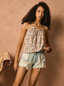 Poéselle Parte superior tipo camiseta sin mangas con cordón y volantes con estampado de paisley para damas en vacaciones de verano