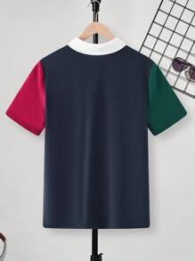 SHEIN Leap Crew 1 Pc Teen Boy Fitted College Patchwork Contrast Lapel Graphic Polo Shirt Spring Wear; Teen Boys' Clothing; Teen Boy' Jackets, Spring Back To School - Multicolor - View 2