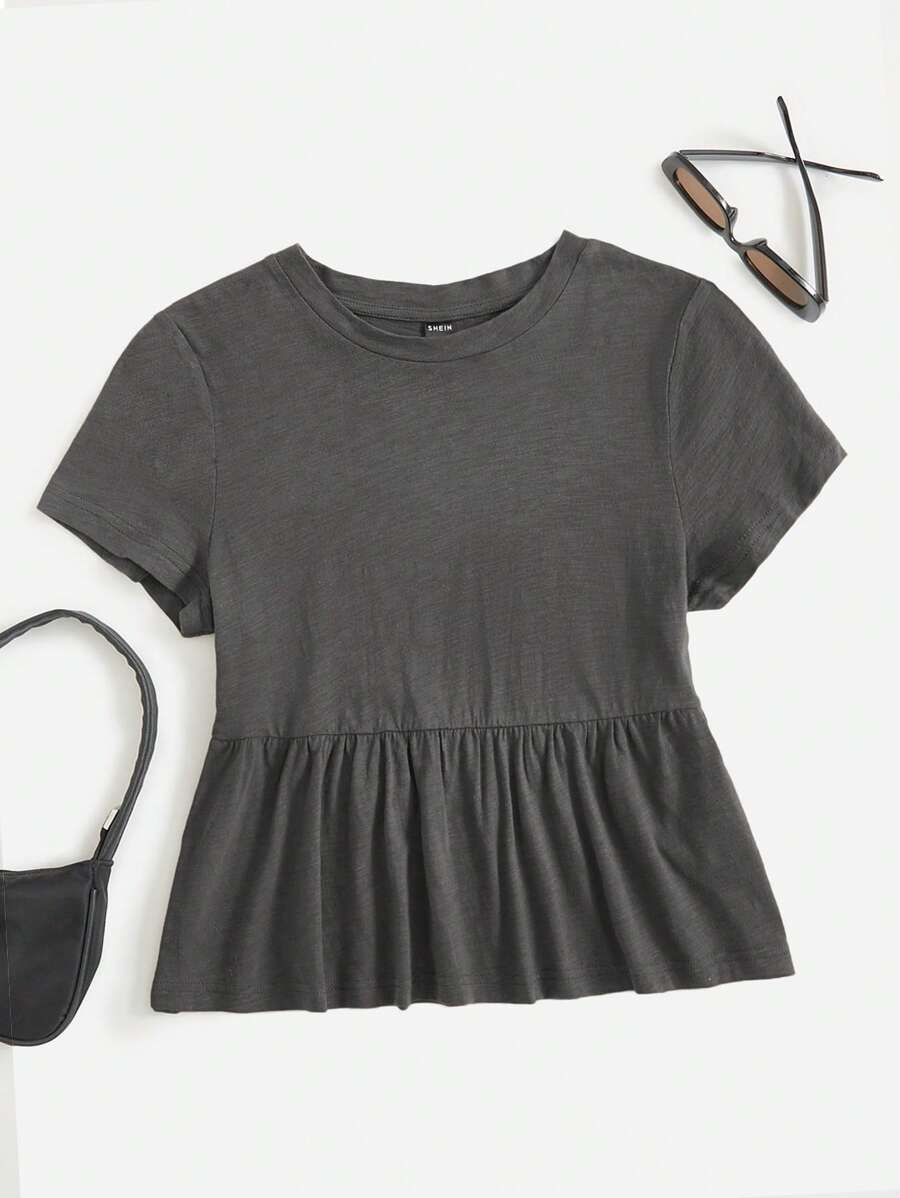 SHEIN EZwear 女士加大码纯色圆领拼接 A 字型棉质娃娃裙 T 恤（灰色） - 灰色 - 查看 1