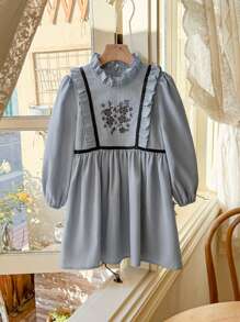Blossori Young Girls Dresses: Elegant Blue Woven Embroidered Ruffle Collar Dress, Spring/Summer - Blue - View 1