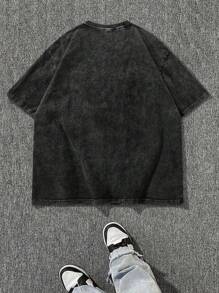 Manfinity EMRG 雪洗棉夏季T恤，男士多色趣味字母印花短袖T恤 - 黑色 - 查看 2