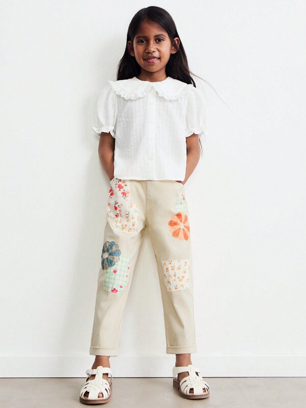 THE HAPPY LOOK Pantaloni casual bej cu broderie florală și talie panglică pentru fete tinere, potriviți pentru primăvară, iarnă, stil casual, stil Mori Girl