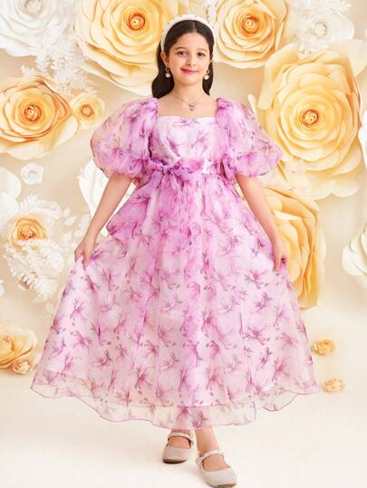 SHEIN 青少年女孩优雅方形领口泡泡袖花卉印花系带蝴蝶结休闲连衣裙