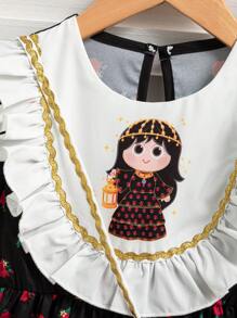 SHEIN رمضان فستان جيرزي منقوش بنمط زهري لفتاة شابة، مزين بطوق وكسرات على الذيل، مريح للخروجات مع حزمة إكسسوارات ، مناسب للاحتفالات المحلية - الأسود - مشاهدة 4