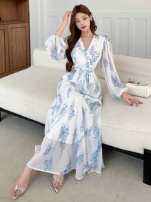 DAZY 女士印花灯笼袖优雅连衣裙，秋季长袖连衣裙，复活节 - 藍色 - 查看 2