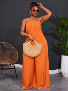Slaydiva Summer&Beach Plus Size Women Casual & Holiday & Cute Solid Orange Sleeveless Loose Bowknot Wide Leg Pants Plus Size Jumpsuit Women Plus Size Women Clothes Women Clothing Jumpsuit Casual Jumpsuit Plus Size Women Clothes - Orange - View 4