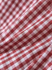 SHEIN Frenchy Women Plus Size Fashion Red & White Plaid Casual Short Sleeve Top With Drawstring Design And Matching Loose Fit Shorts, Stylish For Spring & Summer - Red - View 4