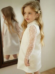 Váy cưới ngắn cho bé gái cổ cao bằng vải satin thêu hình trái tim, tay dài chữ A, phong cách công chúa thanh lịch, hàng mới về - trắng - Xem 8