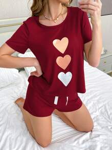 3pcs Heart Design Casual Short Sleeve Shorts Pajama Set - Burgundy - View 5