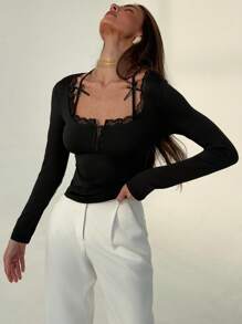 Aloruh Women's Solid Color Contrast Lace Bow Decor Long Sleeve T-Shirt