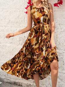Gownix Round Neck Belted Pleated Oil Painting Print Dress For Women, Suitable For Daily Commute Wear,Summer , Vacation Outfits Woman,Summer Outfits For Women - Multicolor - View 7