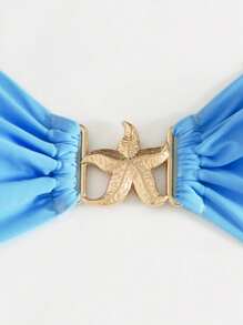 Swim SXY 3-Piece Spring Break Set: Solid Color Bandeau Sexy And Elegant Holiday Bikini, Paired With Starfish Metal Accessory, Mesh Side Gather Skirt, Beach Party Women Swimwear For Summer Beach Vacation