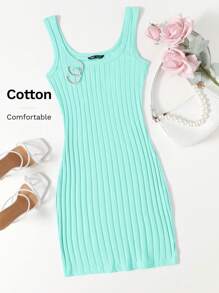 SHEIN Essnce Vestido sin mangas de punto acanalado unicolor para verano - Azul menta - Ver 7
