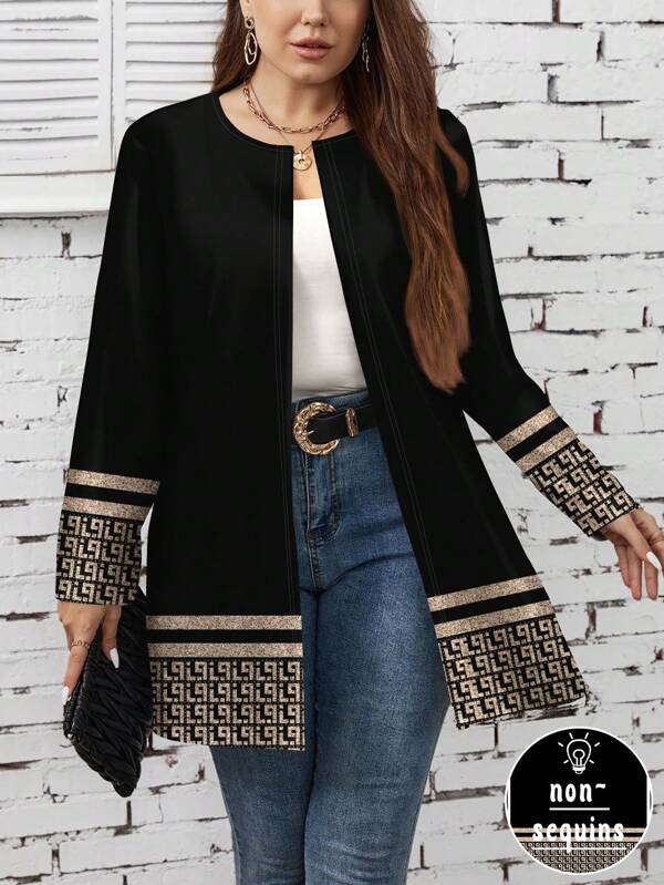 SHEIN LUNE Jachetă subțire cu imprimeu geometric pentru femei de mărime Plus