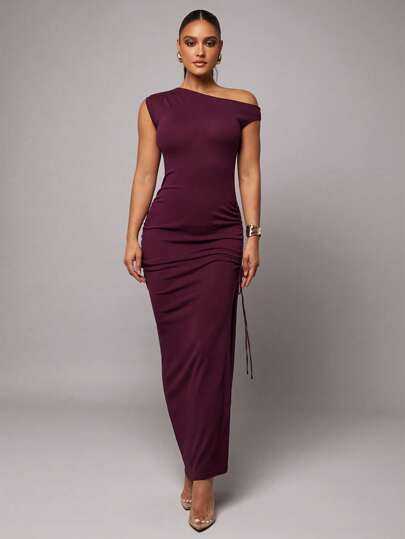 Silquee 女士纯色巧克力棕色优雅露背连衣裙，单肩设计针织套头连衣裙，适合所有季节，适合圣诞节、感恩节、冬季服装