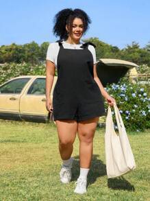 SHEIN EZwear Women Plus Size Black Solid Color Pocket Romper