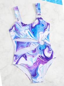 SHEIN Tween Girl Marble Print Cutout Sleeveless Swimsuit, Random Print - Multicolor - View 3